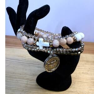 4pc Beaded Stretch Bracelet Stack Cross Bee Faith Inspirational Charms